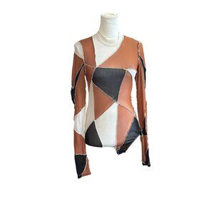 Akira Patchwork Long Sleeve Sheer Bodysuit Stretchy Top Abstract Design Size S